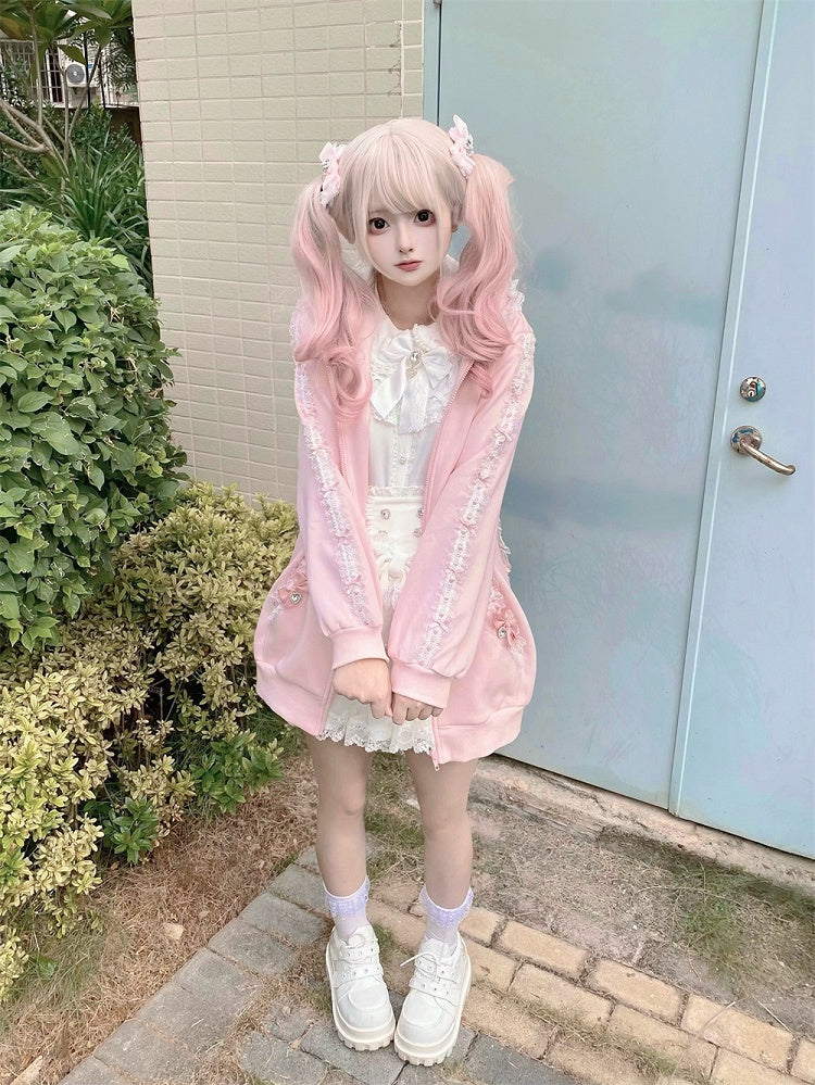Style Hoodie Bow Zip-up Lace Jirai | Light with Pink Ears Kei Details and Bunny