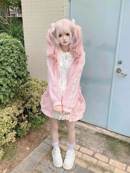 Style Hoodie Bow Zip-up Lace Jirai | Light with Pink Ears Kei Details and Bunny