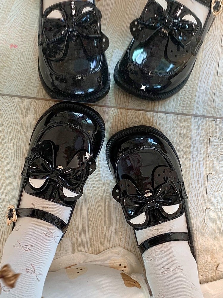 Bear PU Ear Detachable JK - Buckle with Academic Polished Style Shoes Low Bow Heel Black