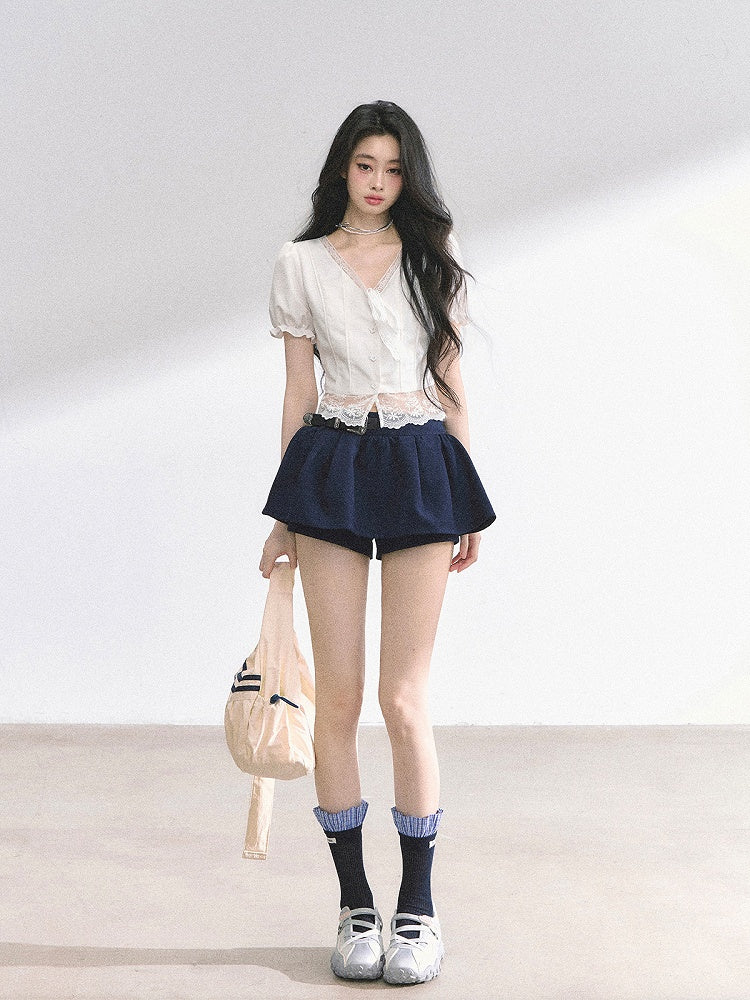 White Neckline Lace Hem Puff Sleeves Blouse Straps Self-tie