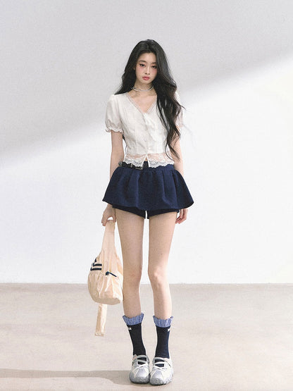 White Neckline Lace Hem Puff Sleeves Blouse Straps Self-tie