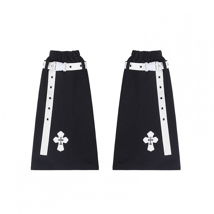 Style Harajuku Punk  White Straps Detail Black Leg Leather Warmers: Cross