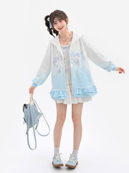 Gradient Blue & White Jellyfish and Dolphin Print Ruffled Trim Zip Closure Hoodie