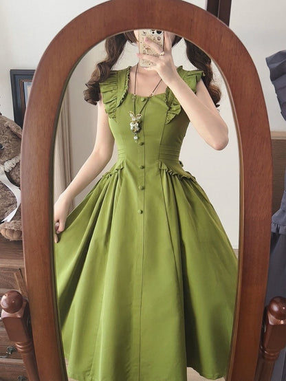 Robe d'été verte rétro à volants - Forest Wardrobe