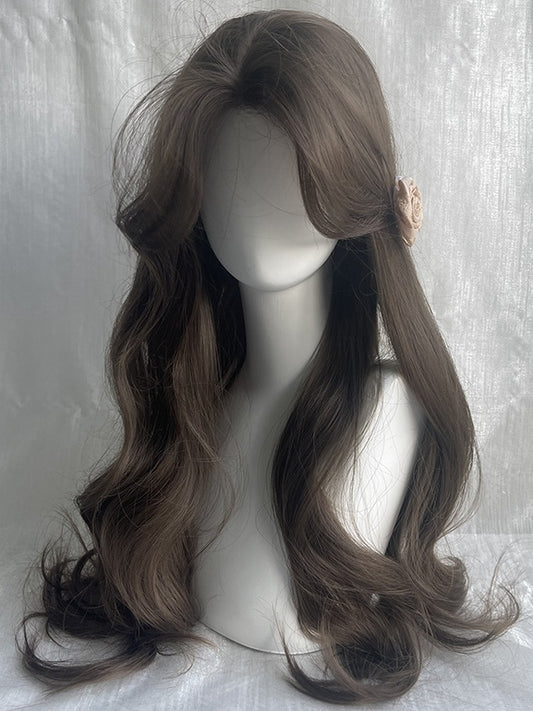 Braune, hüftlange, gewellte Perücke mit Vorhangpony