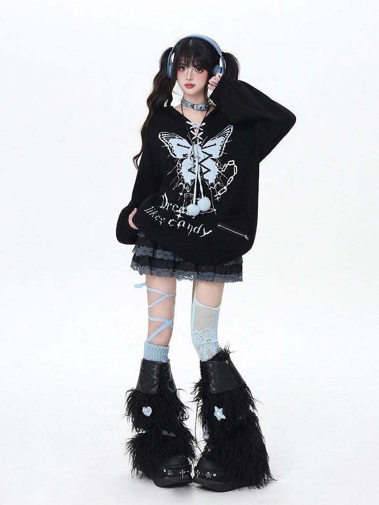 Pattern and Pom-Pom Details V-Neck Balloon Sleeve Knit Sweater with Butterfly Colors | 4