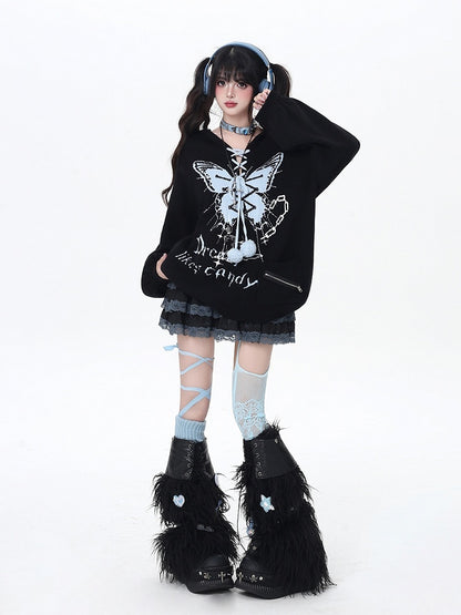 Pattern and Pom-Pom Details V-Neck Balloon Sleeve Knit Sweater with Butterfly Colors | 4