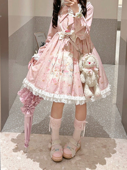 Pink Peter Pan Collar Bear & Cake Print Long-Sleeve OP Dress - Honey Village