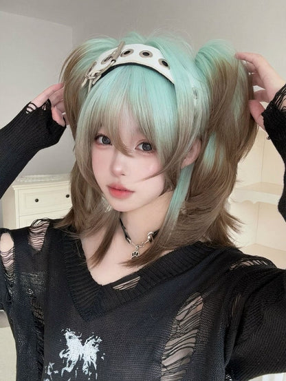 Ombre Green-Brown Short Wig with Twin Tails - Alice Garden
