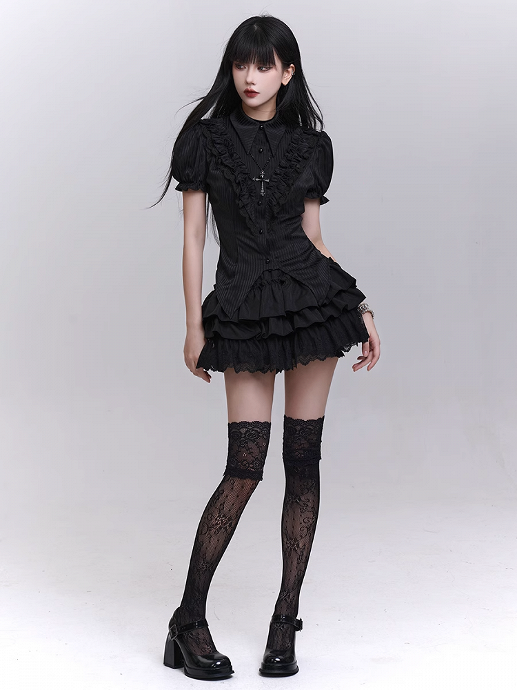 Pointed Flat Collar Curved Hem Gothic Puff Sleeves Blouse Pattern Black Striped