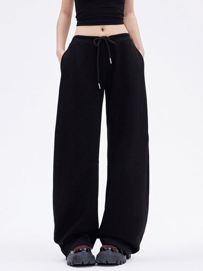 Black Drawstring Waist Loose Straight-leg Sweatpants