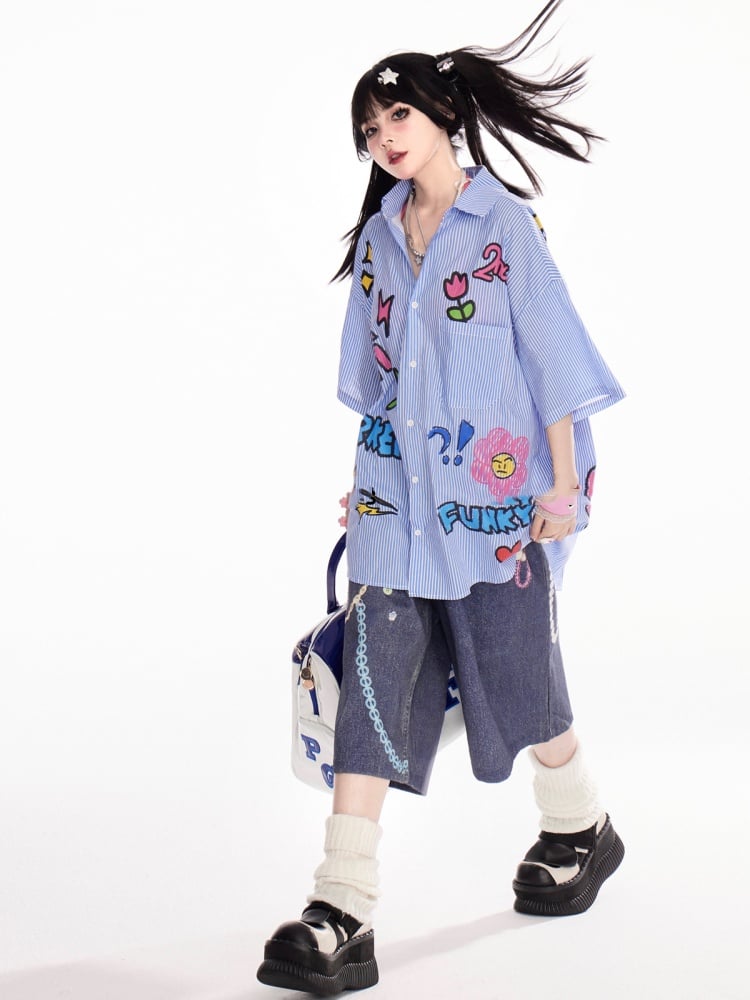 ヴィンテージ刺繍ブルーストライプシャツ 半袖