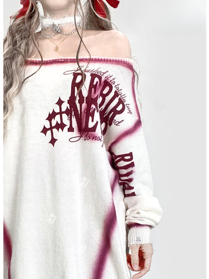 Christmas Letter Off-the-shoulder Neckline White Sweater