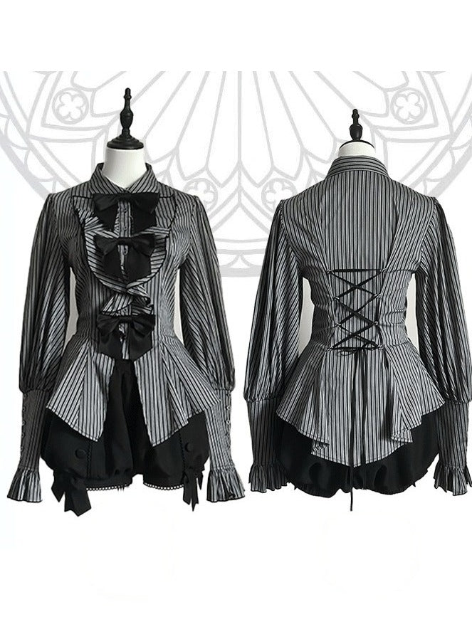 Striped Long Sleeve Ouji Lolita Blouse in Black with Bow Details - Danger Girl