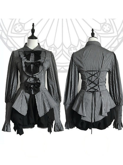 Striped Long Sleeve Ouji Lolita Blouse in Black with Bow Details - Danger Girl