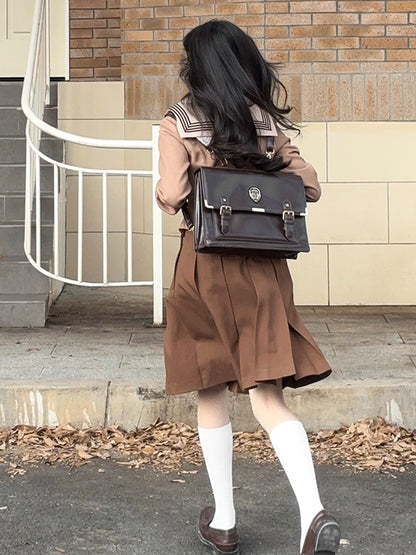 Floral Collar Sailor Embroidery JK Brown Uniform Blouse