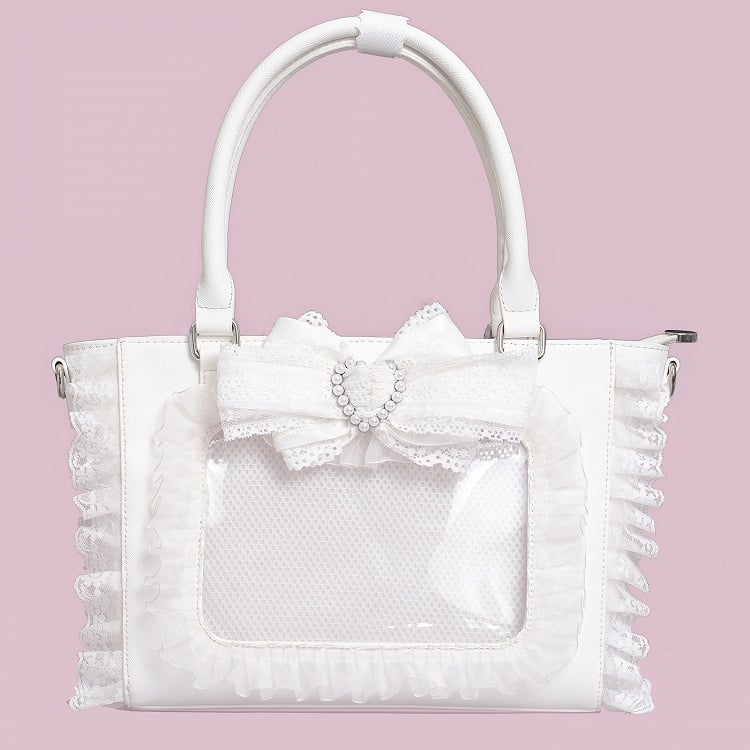Kei Free Lace Bag Decorated Card Trim Ita with Holder Beaded Bowknot Heart Jirai White PVC