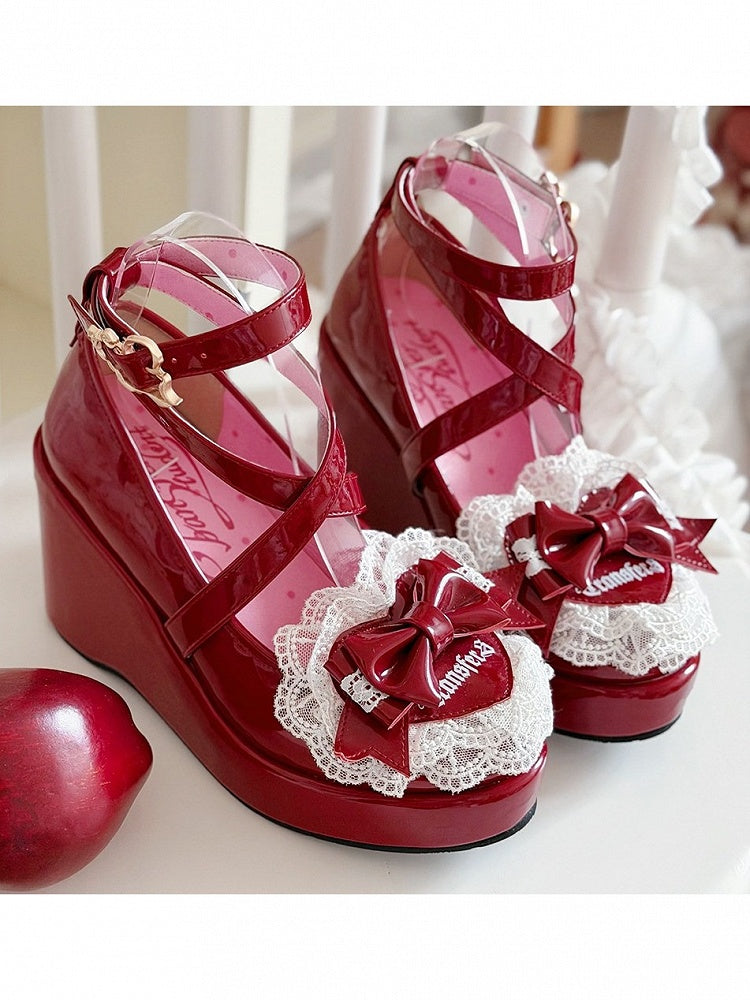 Old School Lolita Wine Red Butterfly Bow 9CM Slope Heel Shoes Cross Strap - Transfer Student