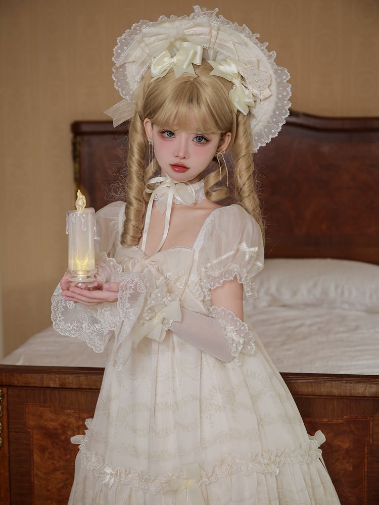 Ärmel bestickt Print Schleife Creme Ausschnitt Kleid Puff Lolita Weiß Big Creamy