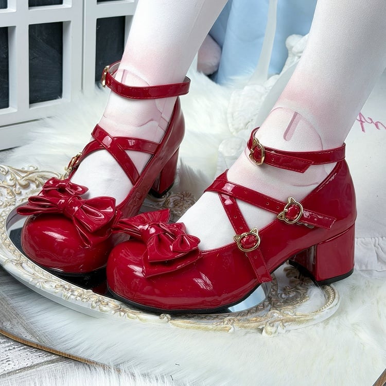 Lolita Toe Top Red Bow with Round Ballet at Crisscross Sweet Straps Heels Mid