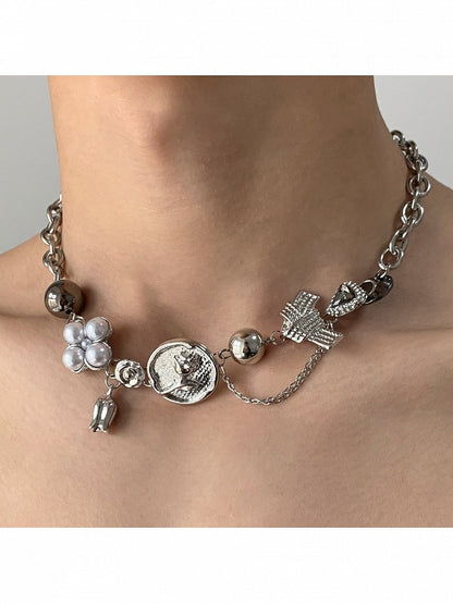 Y2K Silver Chain Necklace with Floral Bead Decor - YSHXS