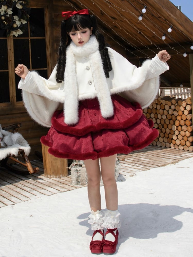 Red Basque Waist Plush Trim Hemline Christmas Lolita Dress Adjustable Thin Shoulder Straps