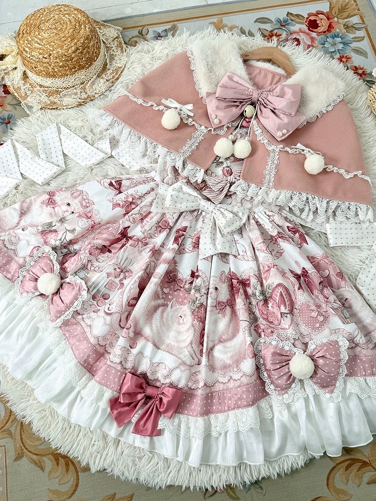 Plush Jumper Cape + Print Strawberry Collar Pink Sweet Kitty Skirt Set Lolita and