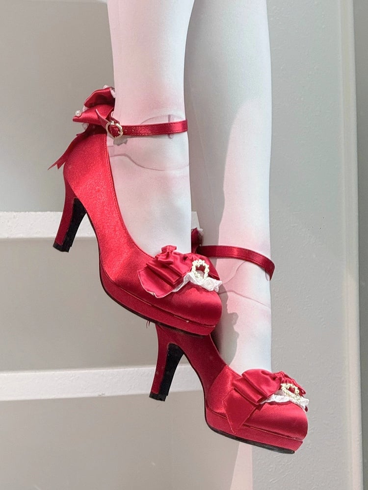 Heeled Bow Top Closure Satin Heart with Mary Trim Red - Lolita Janes Elegant Snap Lace