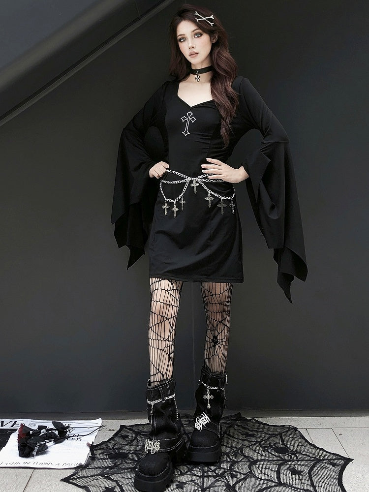 Gothic Punk Black Cross V-neck Flounce Bell Sleeves Dress with Waistchain Set