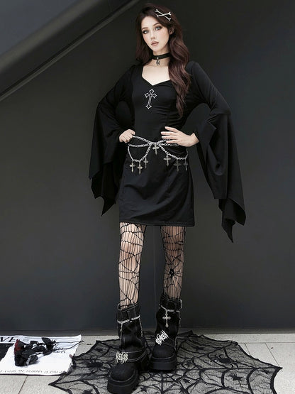 Gothic Punk Black Cross V-neck Flounce Bell Sleeves Dress with Waistchain Set