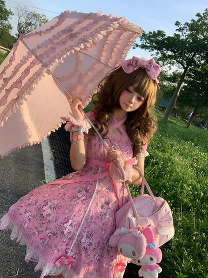 Pink Old School Lolita Floral Print OP Dress with Halter Straps - Asuka