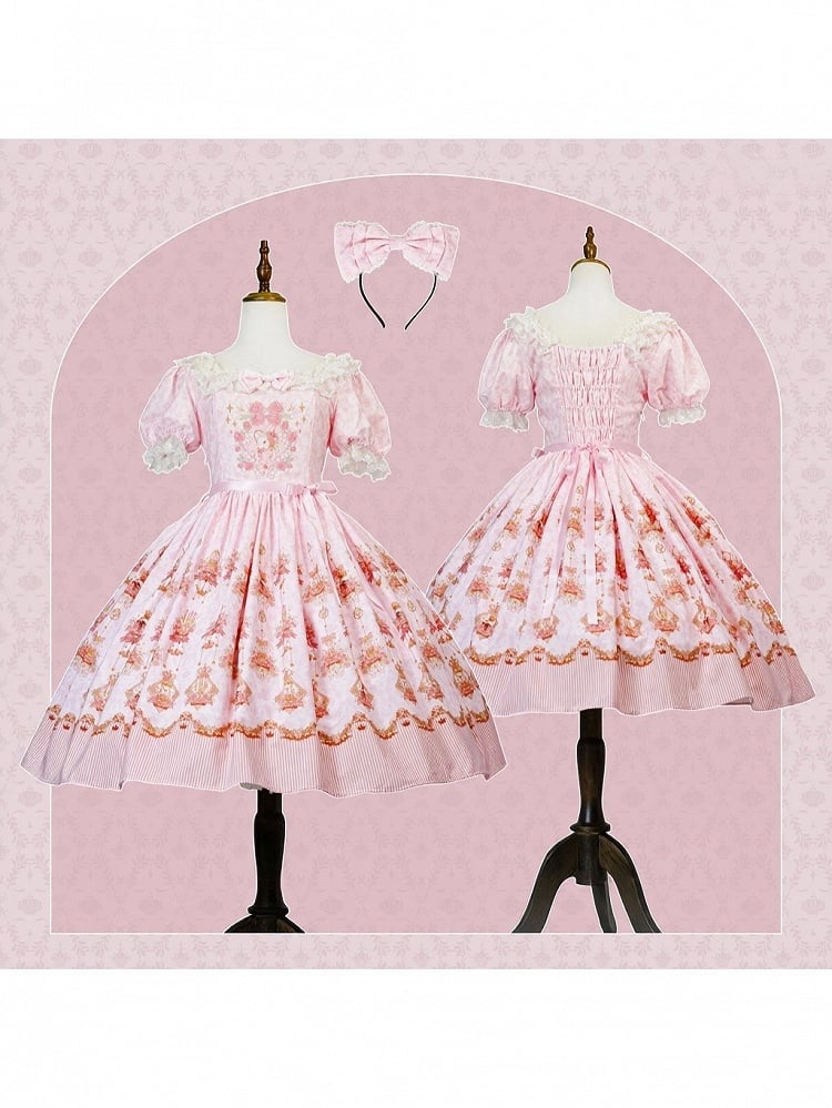 Pink Rabbit Floral Print Lolita OP Dress with Lace Details - Strawberry Witch