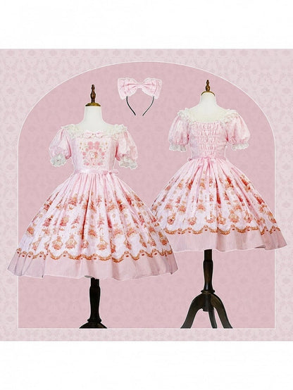 Pink Rabbit Floral Print Lolita OP Dress with Lace Details - Strawberry Witch
