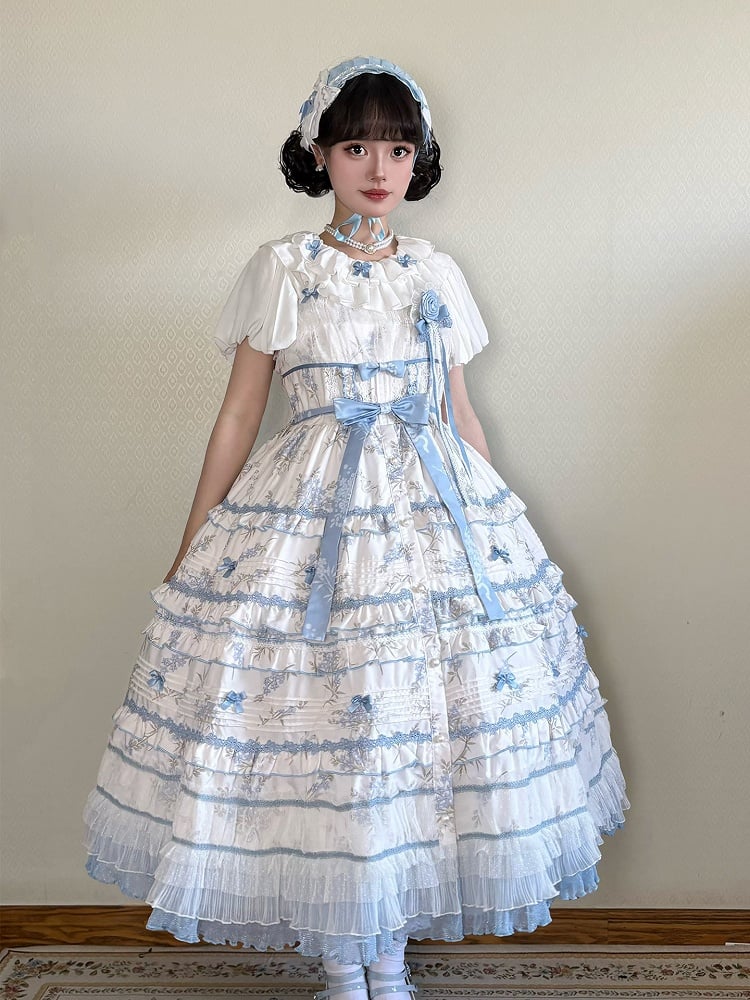 Ruffles White Floral Version Short Blue Lolita Classic Print Elegant Layered Dress