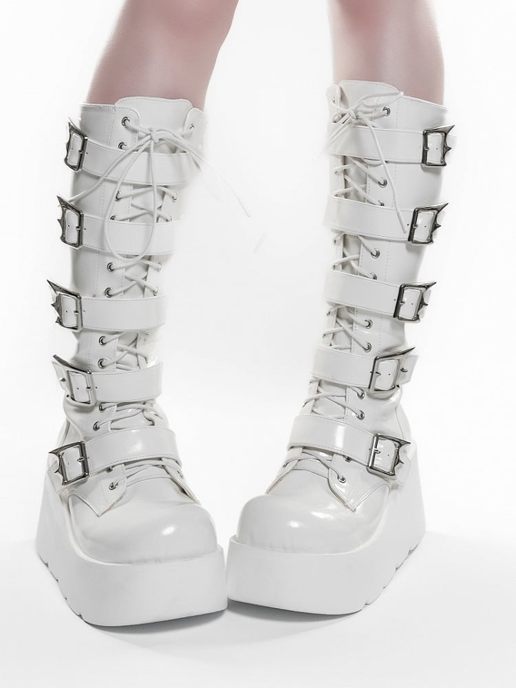Bottes à plateforme blanches en PU style punk triple fermeture avec système à lacets, boucles et fermeture éclair à hauteur du genou