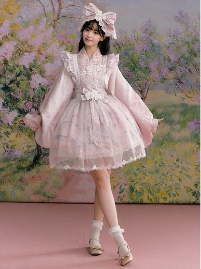 Pink Hanfu-Inspired Satin Long Sleeve Top with Floral Print - Yimu Walnut