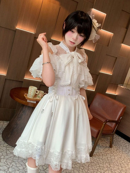 Landmine White Lace Cutout Short Sleeve Blouse with Bow Detail - YoshiKi