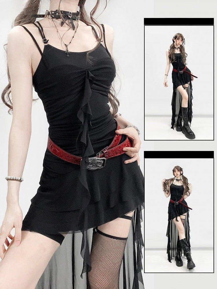 High-low Edge Glamorous Black Design Bittersweet Double Cami Ruffle Dress Detail