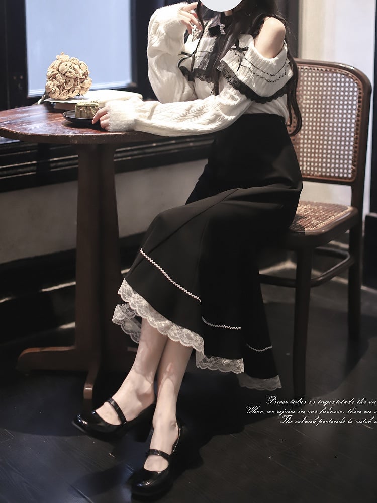 Elegant Black Jirai Kei High Waist Mermaid Skirt with White Lace Hem