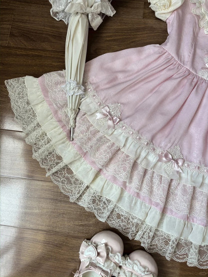 Sweet Lolita Dress Puff Sleeves Bowknot Light Details Pink OP Tiered Lace Trim