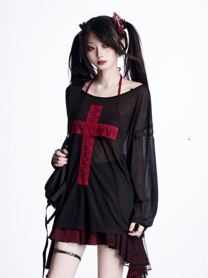 with Lace Cross  Red Asymmetrical Neckline Black Sun Protection Coverup