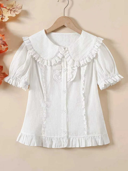 Flat Round Sleeves Cotton Lolita Short Collar Blouse White Sweet