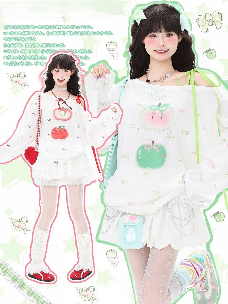 Top Long Bow Red/Green One-Shoulder Sleeve and Asymmetrical with