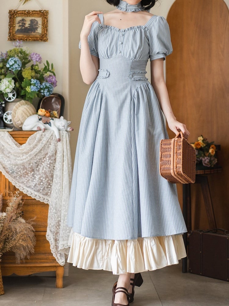 Ausschnitt Ärmel Puff Retro Gestreiften Stoff Blau Kleid Quadrat Mode Vintage