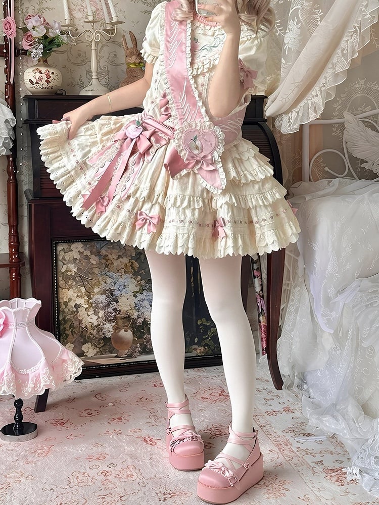 Ruffled Short-Sleeve Lolita OP Dress with Apple Embroidery in Sweet Pink & Beige - Yinying Lolita
