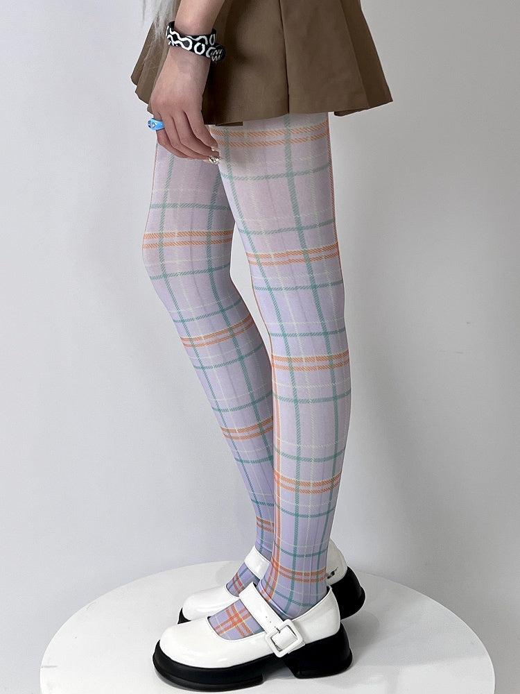 Tights Plaid Y2K WhiteGreen/Purple