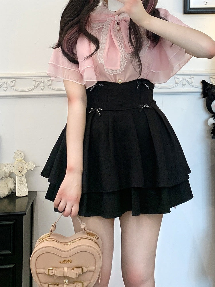 レースネックライン ジライ ブラック/ピンク/ホワイト ショールブラウス kei セルフタイ ボウトリム シフォン