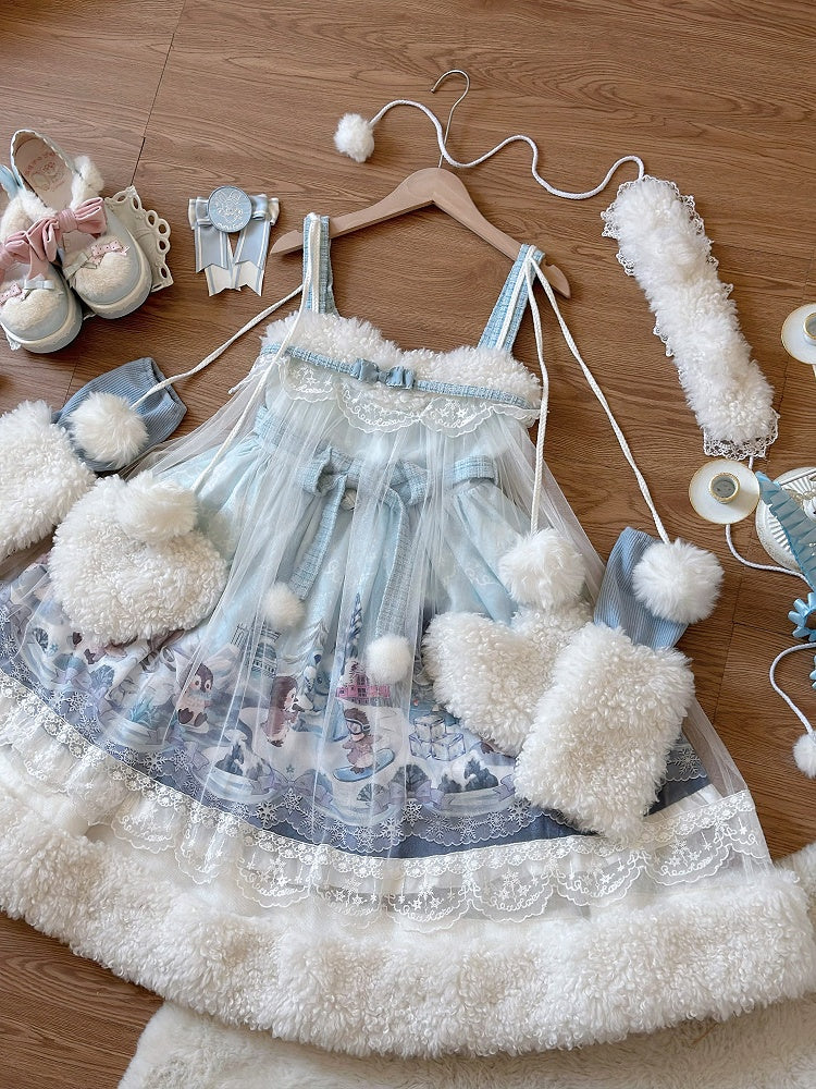 Sweet Winter High Waist Lolita JSK with Blue Penguin Print - Lineall Cat