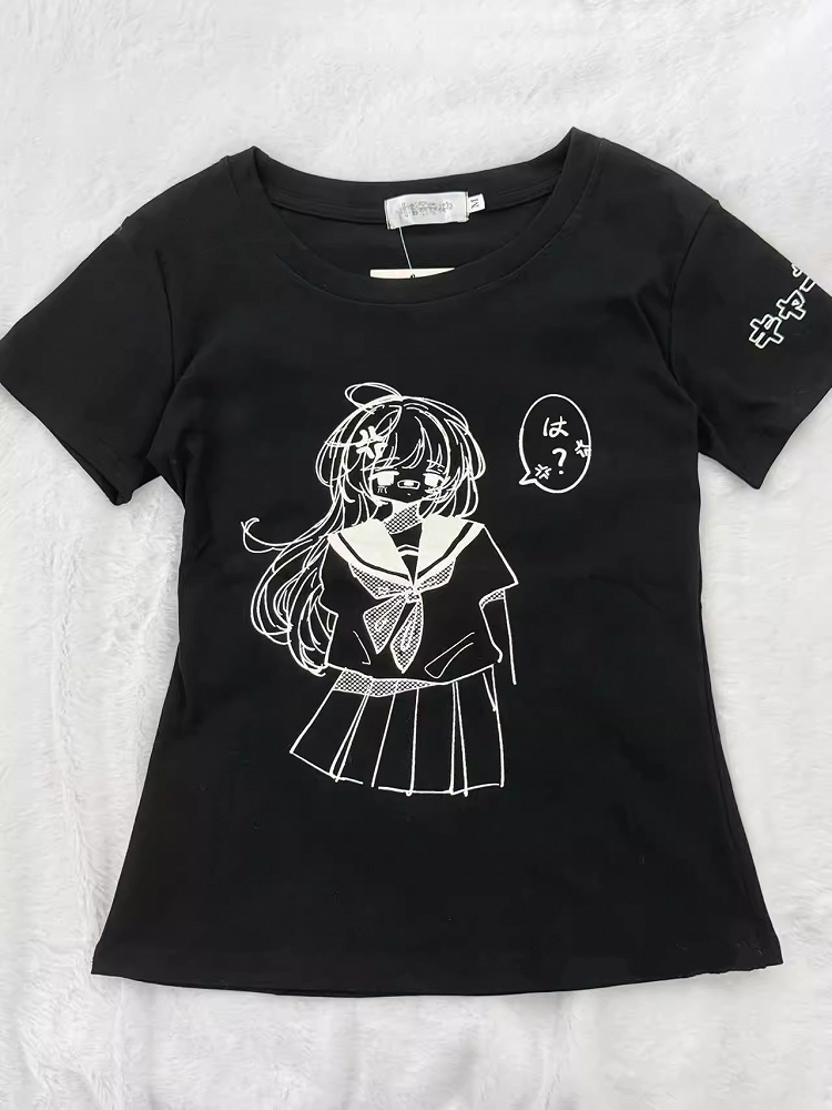 Round Neck with White / Anime Girl Print  Cotton T-Shirt Black