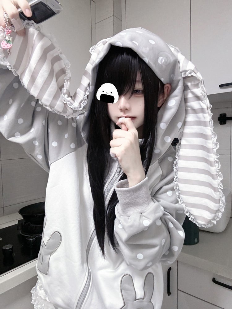 with Bunny / Dot Pink Gray Big Polka Ears Hoodie Striped